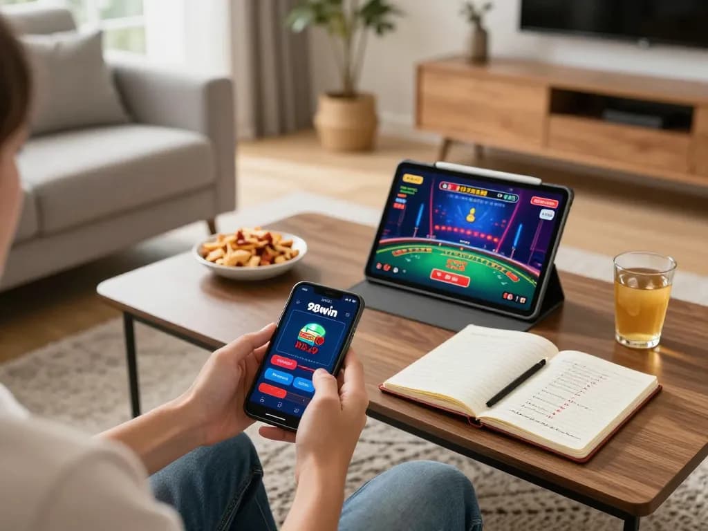 Player enjoying the 98win app on their smartphone at home, showcasing strategic online gaming.