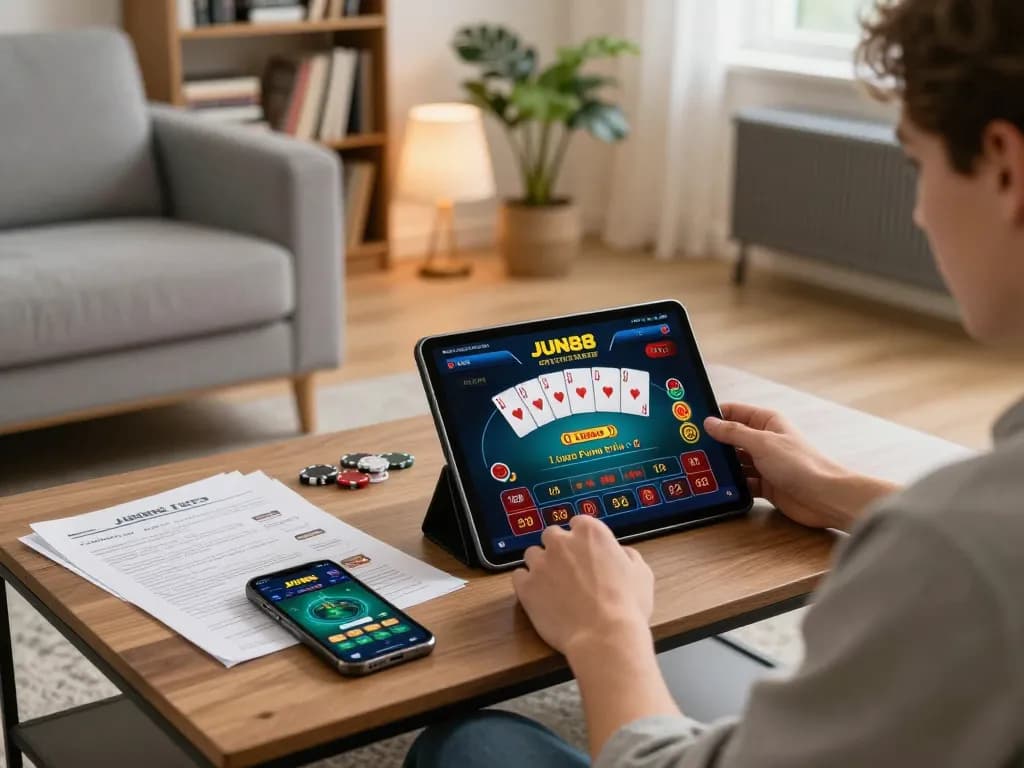 Engaging in online poker gameplay through JUN88 on a tablet in a cozy home setting.