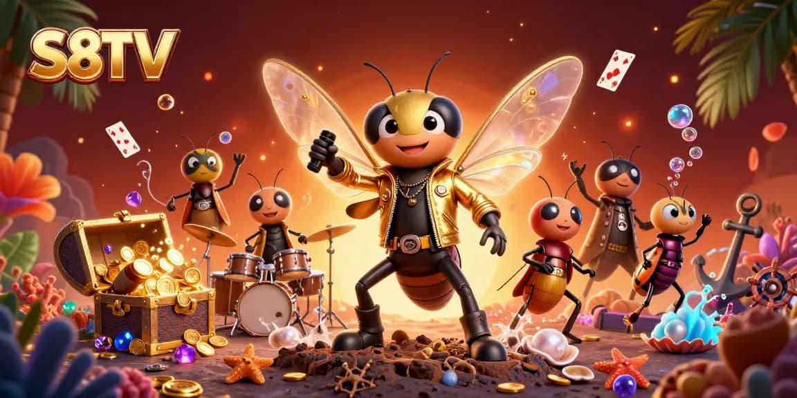 S8TV enhances excitement with a vibrant scene featuring a rock star cicada amidst treasure and winning cards.