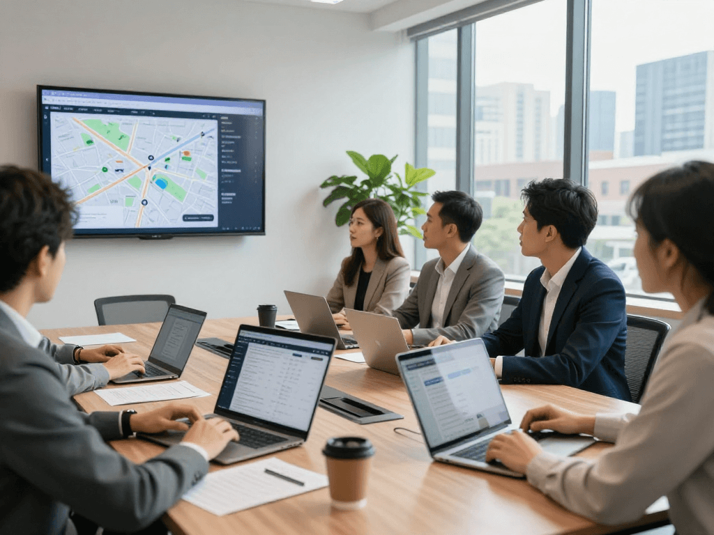 Real estate professionals utilizing IDXSTAR technology tools in a collaborative office environment.