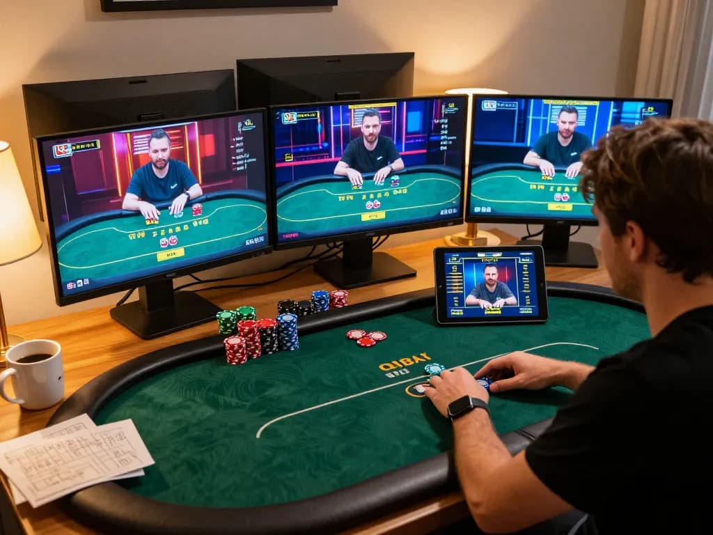 Player strategizing on CakhiaTV's online poker platform while enjoying comfortable home setting