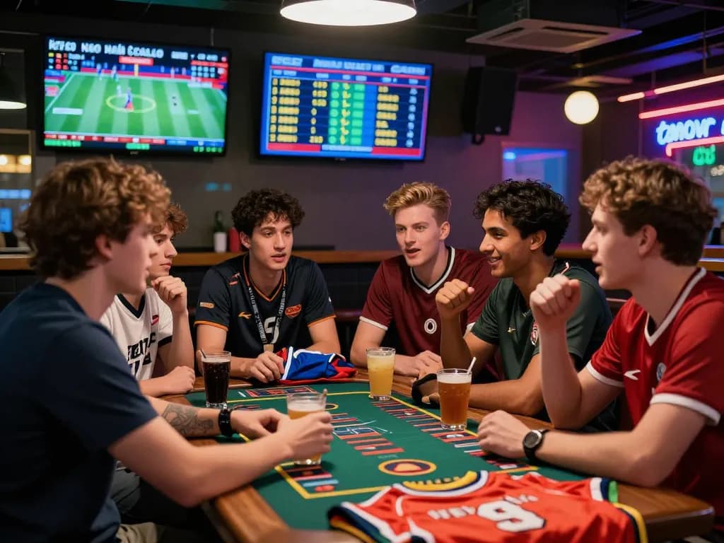 Engaged bettors analyzing the latest kèo nhà cái data in a vibrant sports bar.