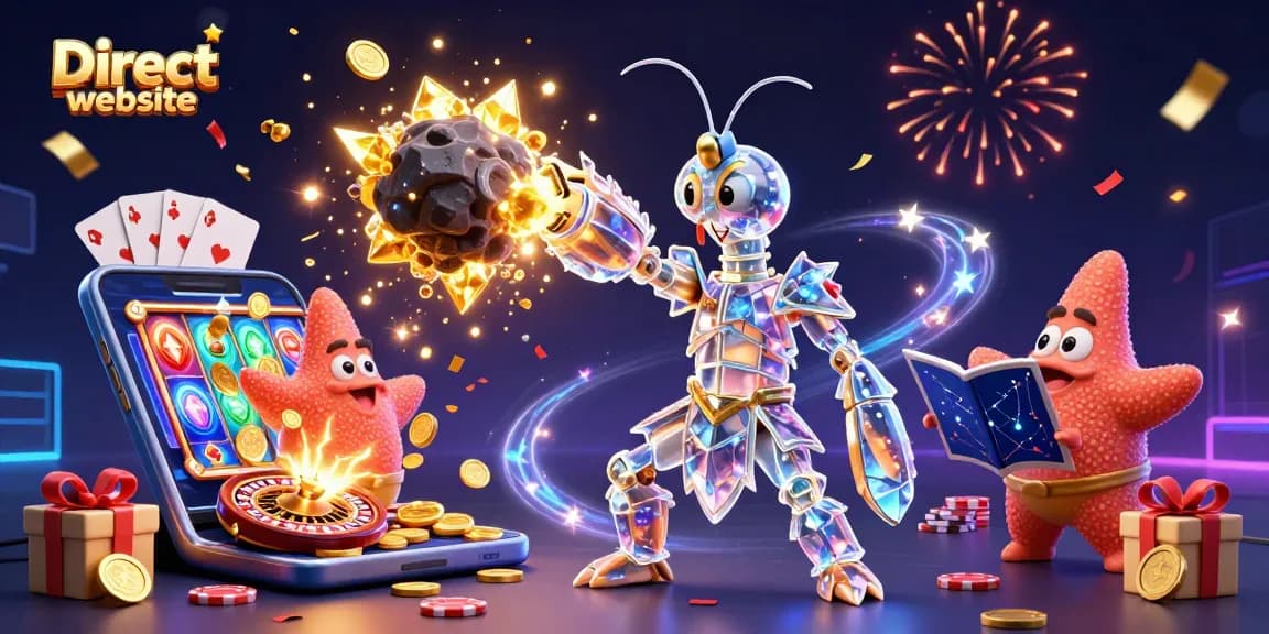 Engage with the thrilling action of the Direct website, featuring a mantis shrimp and a starfish among exploding gems and vibrant casino elements.