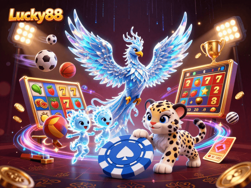 Join exciting gameplay at Lucky88 with a vibrant 3D casino scene packed with colorful characters and dynamic elements.