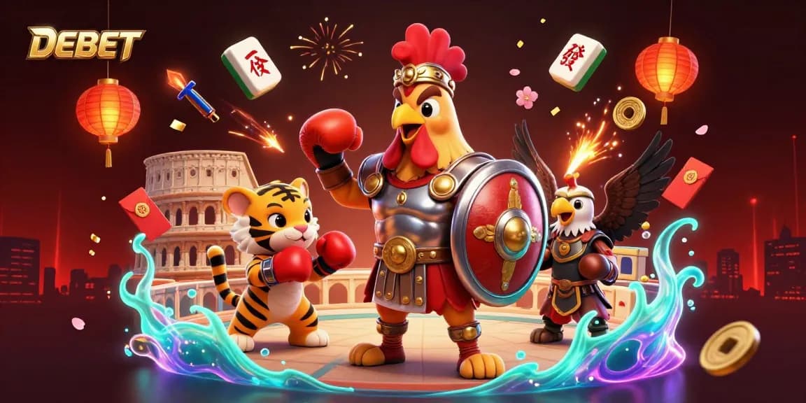 DEBET showcases a dynamic 3D rooster gladiator surrounded by vibrant casino elements