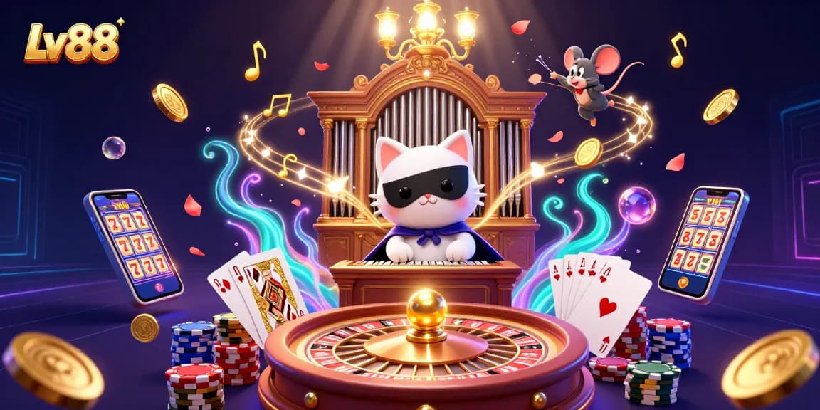 Experience thrilling gaming adventures at Lv88’s lively casino illustration with vibrant characters and dynamic elements.