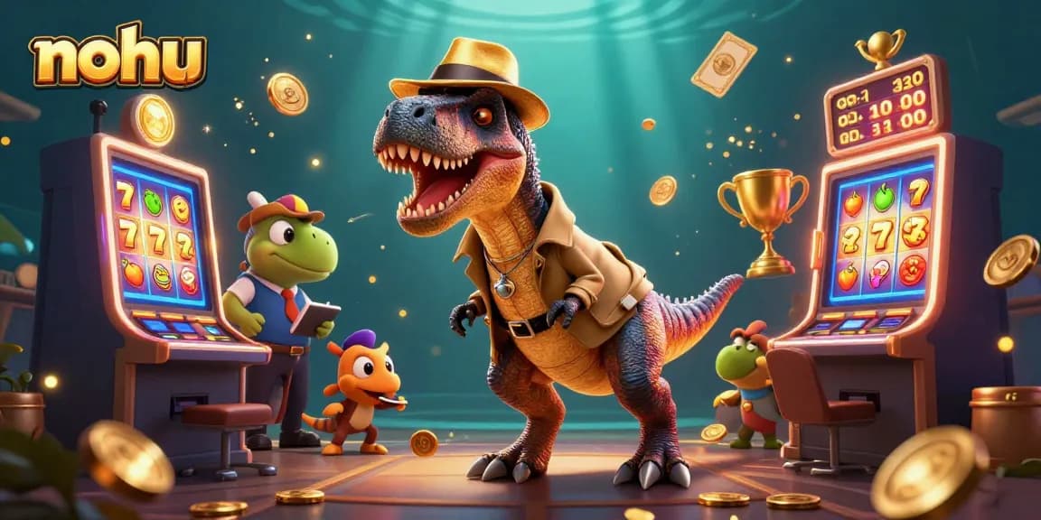 Nohu velociraptor card counter interacts with a jackpot slot machine in a vibrant casino scene.