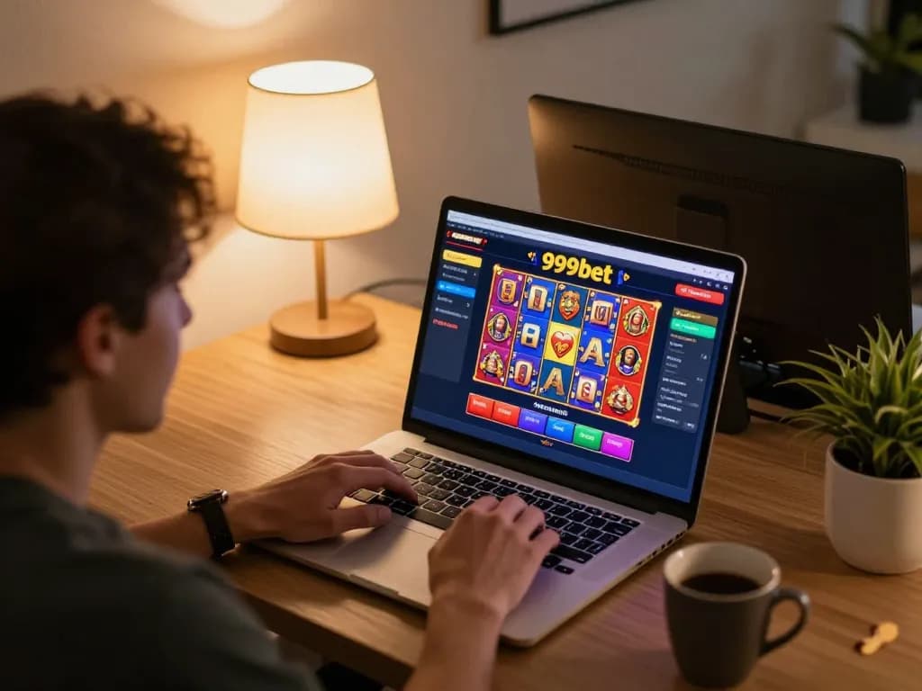 Player engaging with 999bet online casino on laptop in cozy home environment