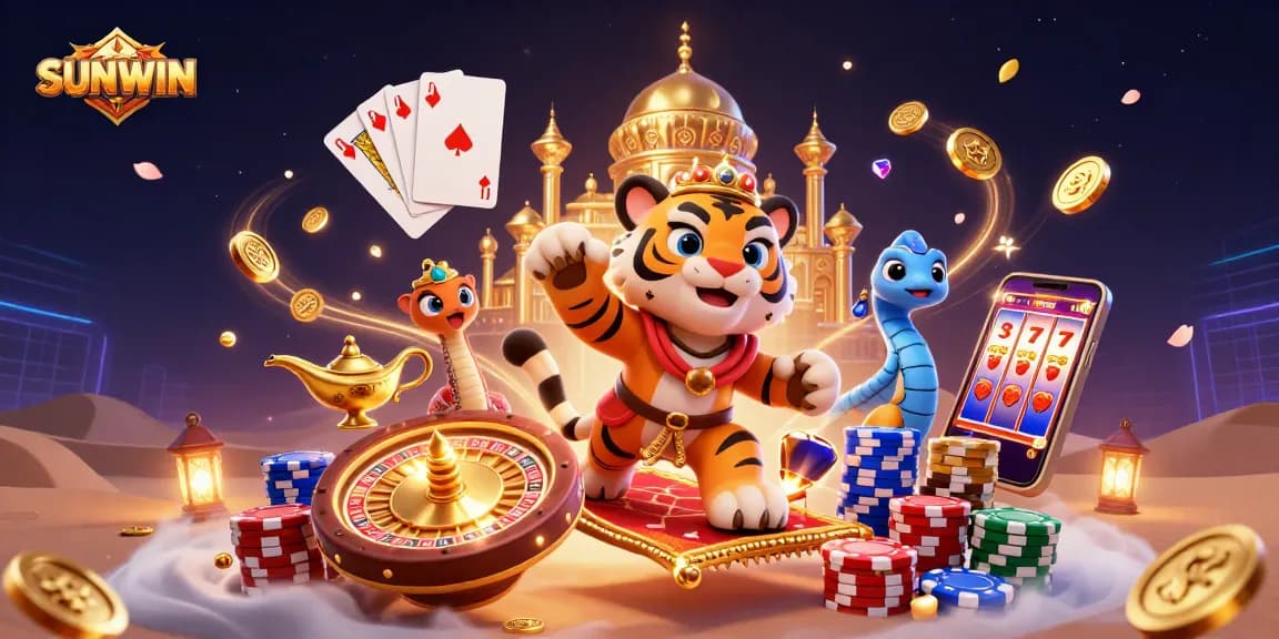 Experience the excitement of SUNWIN with the animated tiger sultan and dazzling casino treasures.