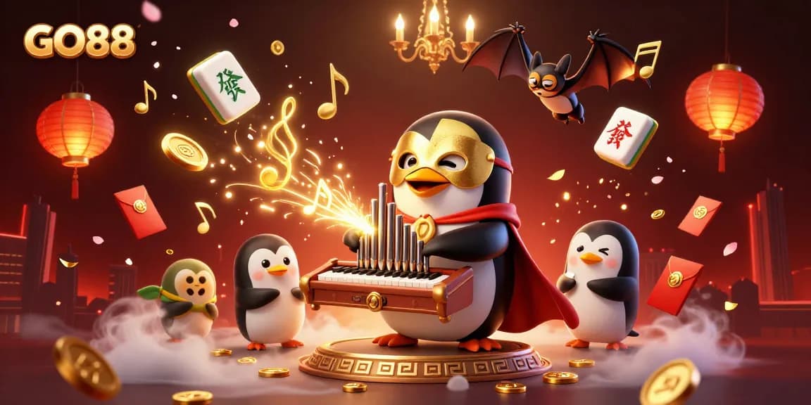 Experience GO88's thrilling gaming scene as the vibrant penguin plays, showering gold coins.