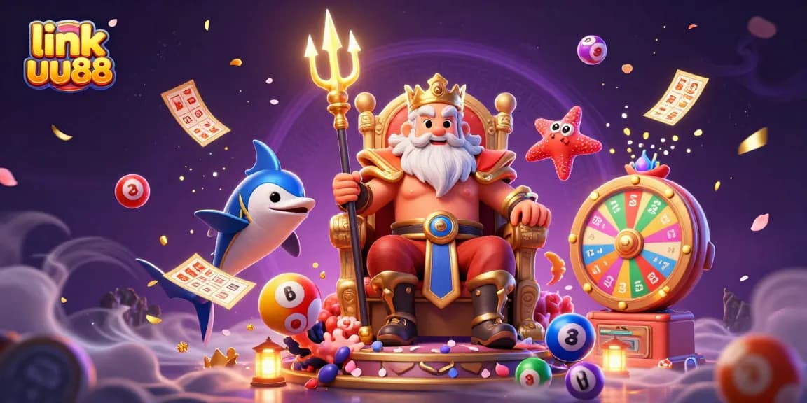 Experience thrilling wins with link uu88 featuring a vibrant 3D cartoon scene of Neptune and gaming elements.