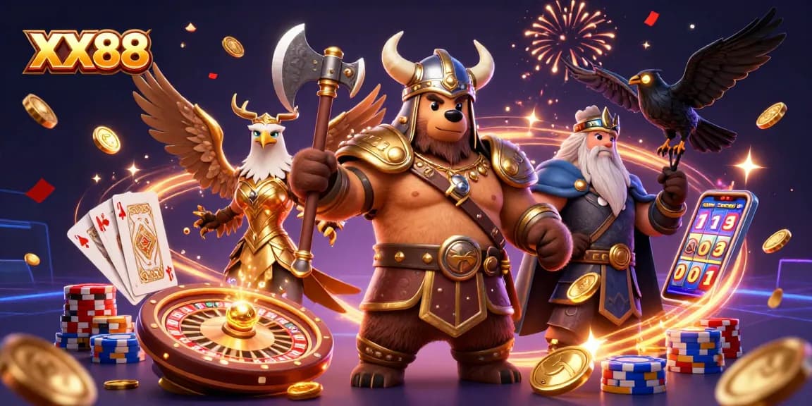 Experience big wins at XX88 with a lively scene showcasing thrilling casino elements and magical characters.