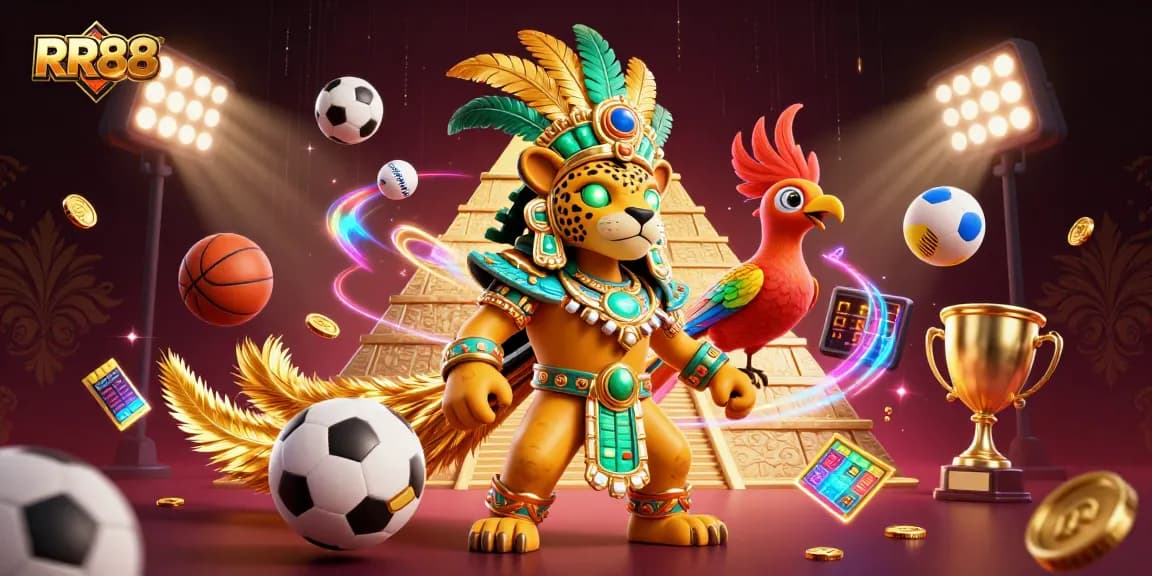 RR88 brings excitement with a vibrant Mayan priest featuring golden accents and sports elements in action.