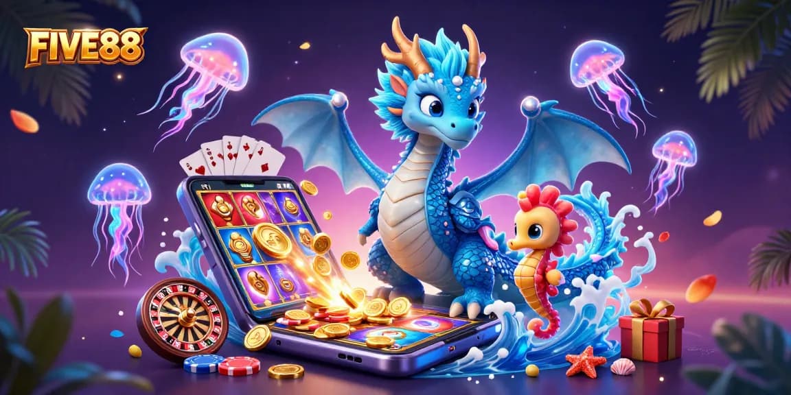 Engage in thrilling slot adventures at FIVE88 with a magical dragon, seahorse knight, and vibrant games.