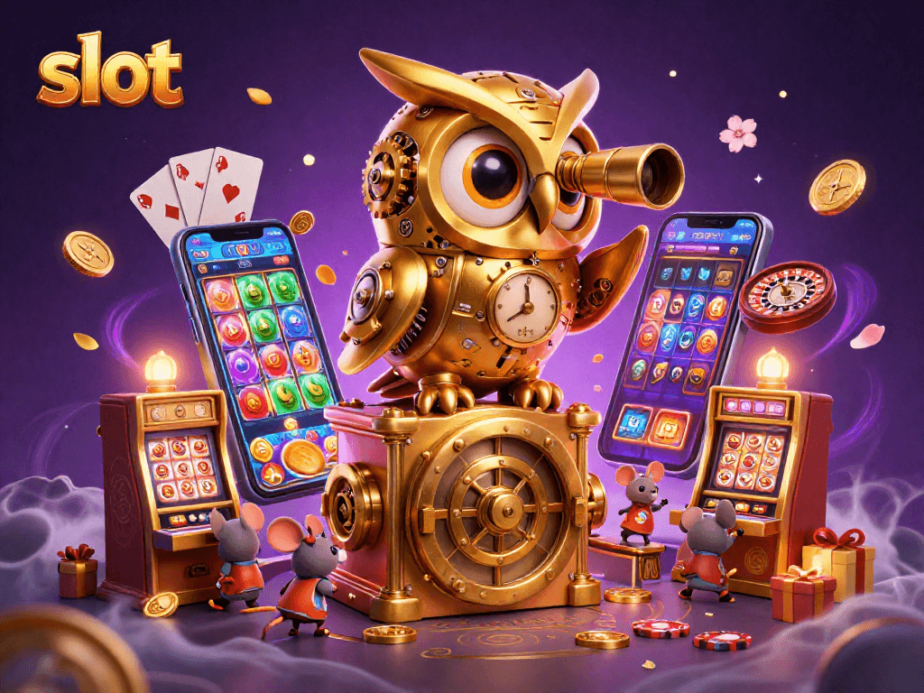 Spin the slot machines featuring a golden owl and mice patrons in this vibrant casino scene.