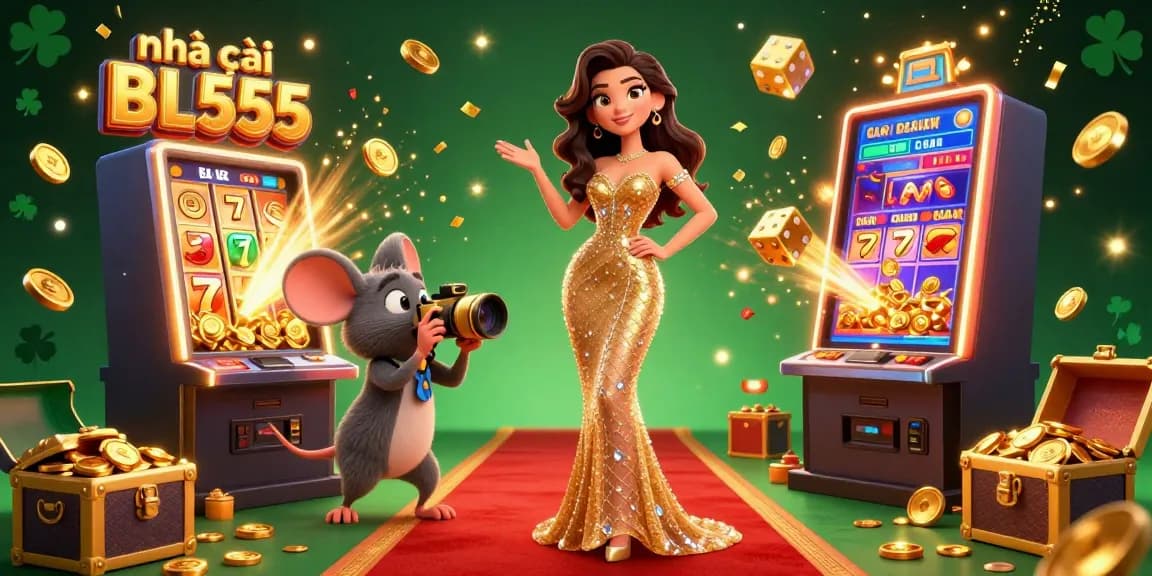 Spin the reels at nhà cái BL555 with glimmering slot machines and golden rewards in 3D illustration.