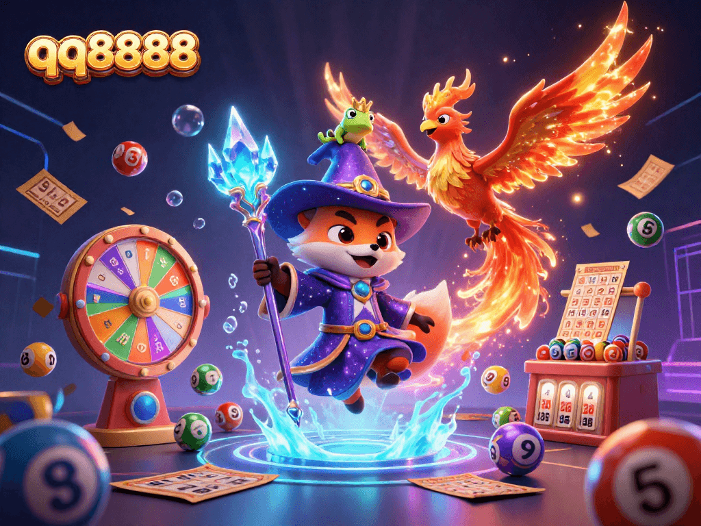 Engage with qq8888's vibrant casino experience, featuring a wizard fox and a phoenix among lottery elements.