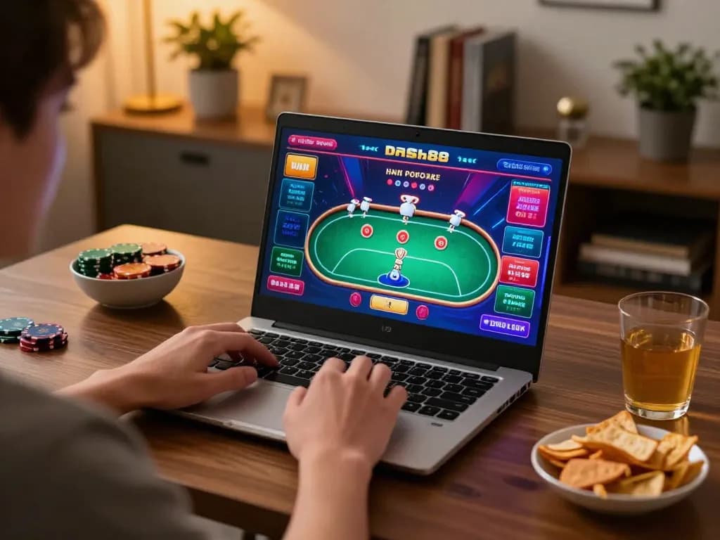 Engaging in fast-paced dash88 online casino games on a laptop in a cozy home environment