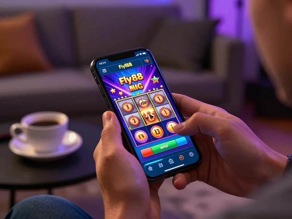 Player enjoying the fly88 casino app while slot reels spin in a cozy home environment.