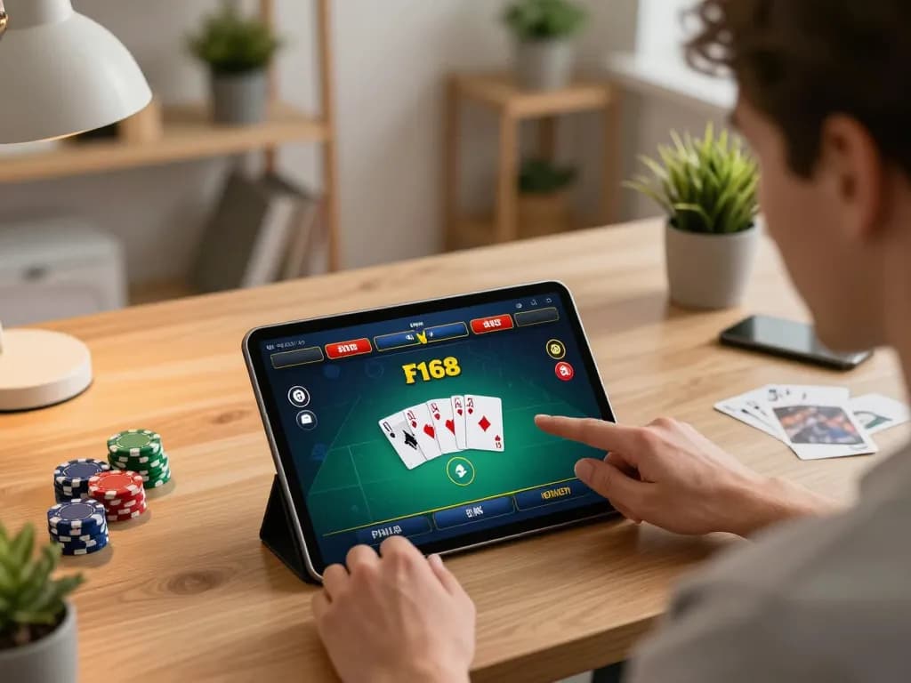 Playing poker on F168 platform in a cozy home office, showcasing a strategic gaming moment with a tablet.
