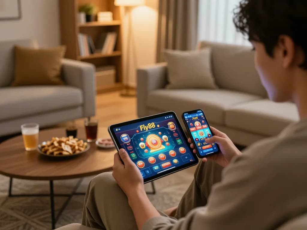 Player engaging in Fly88 gaming session on tablet in a cozy home setting