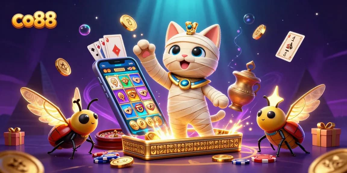 Play slots with co88's vibrant mummy cat character and glowing gold elements in an exciting casino setting.