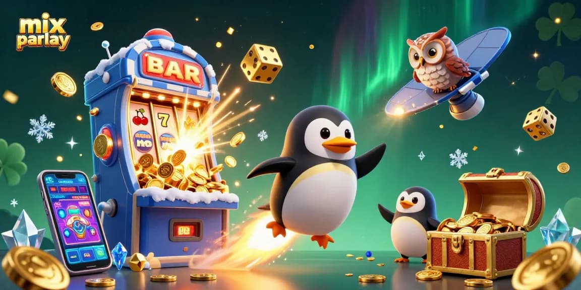 Experience a thrilling mix parlay bet with an illustrated scene of a cartoon penguin navigating a vibrant casino-themed universe.