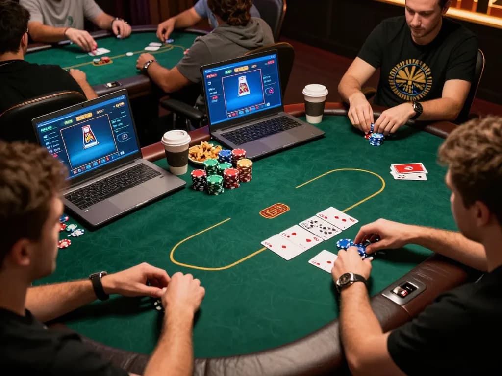Engaged players enjoying online poker on 33win with vibrant chips and cards visible.