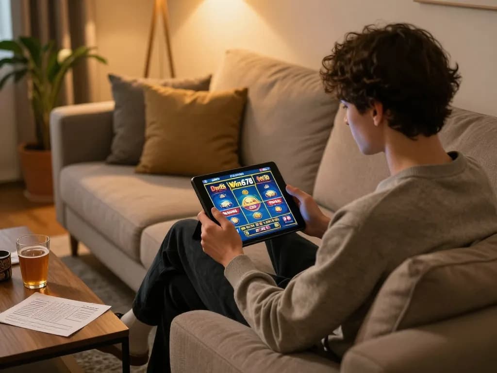 Player enjoying online slots at win678 on tablet in a cozy home setting