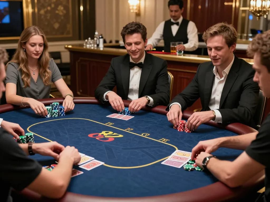 Players strategizing in an upscale poker game at 89bet casino, vibrant atmosphere.