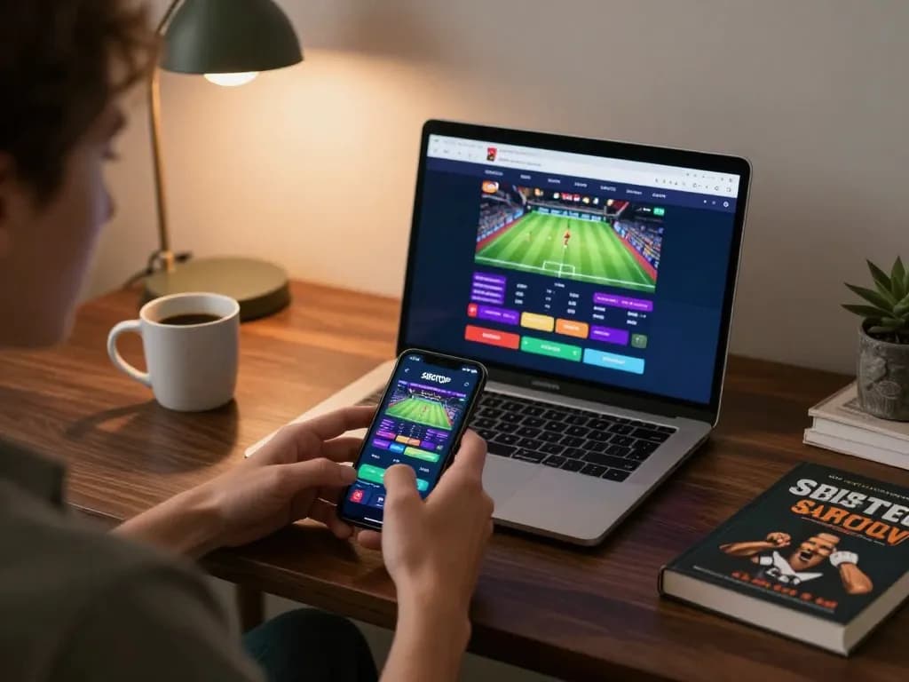Sbotop mobile betting scene with user analyzing sports app from a stylish home office