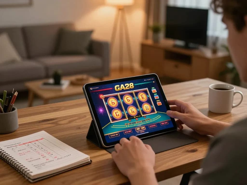Person using GA28 casino app on tablet, showcasing engaging gameplay in a cozy home setting