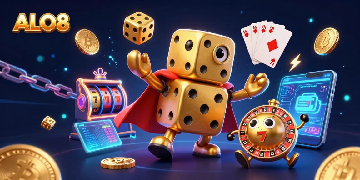 Experience thrilling gaming action with ALO8's dynamic 3D casino scene featuring golden dice and crypto elements.