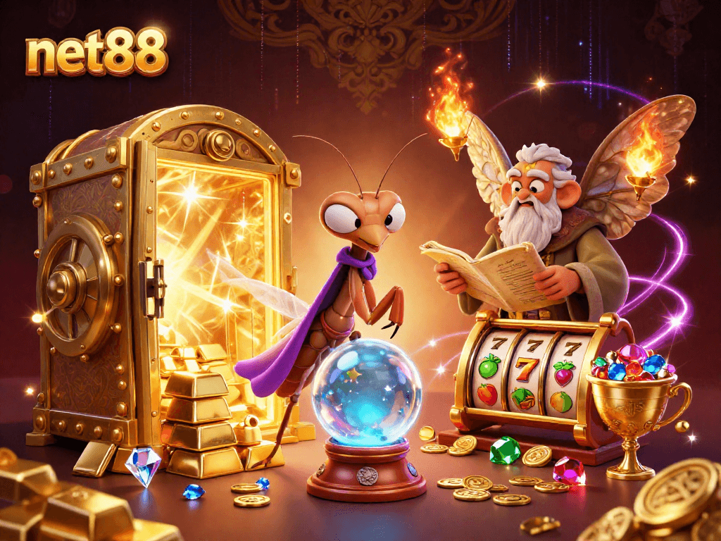 Engage with net88's vibrant casino scene featuring a fortune teller and numerous treasures.
