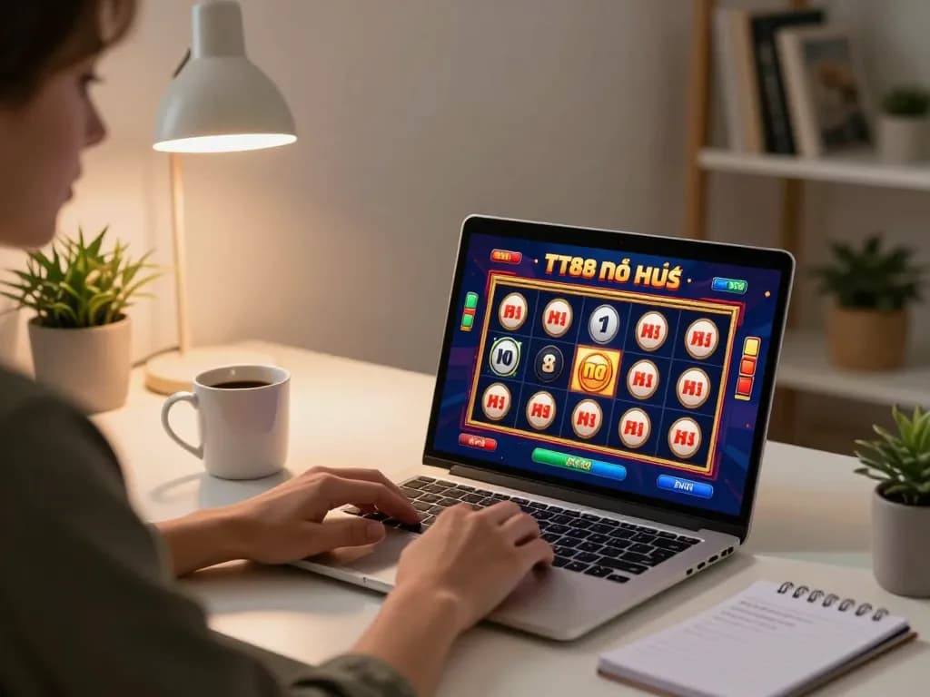 Engaging in TT88 nổ hũ gameplay with jackpot reels spinning on a stylish laptop at home