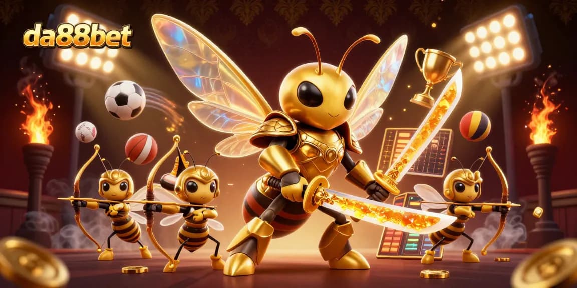 Bet on da88bet with dynamic sports elements and a golden hornet warrior, illustrating the excitement of online gambling.