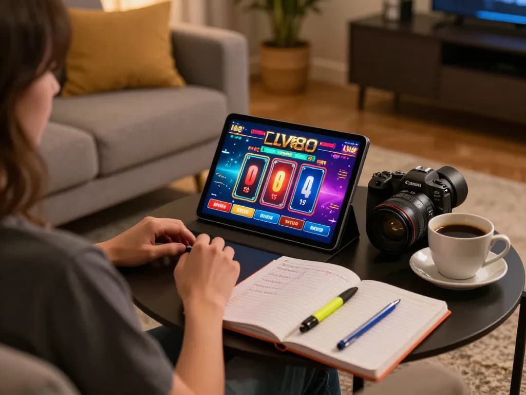 Player enjoying LV88 casino games on a tablet at home, illustrating strategic online gambling.