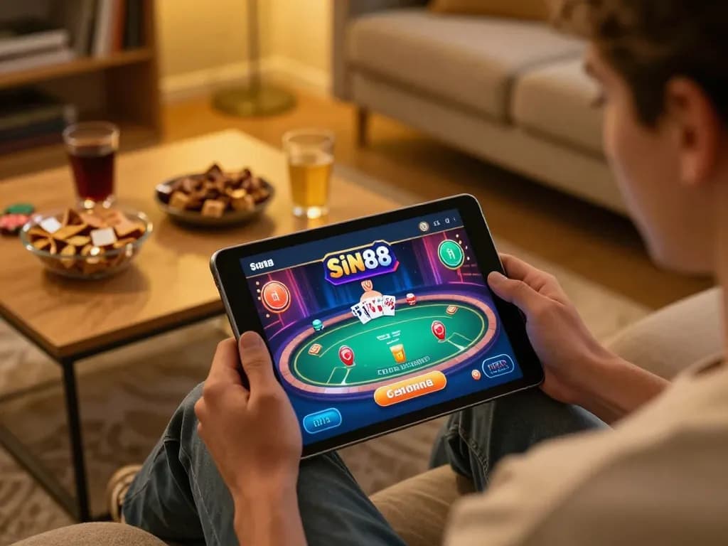 Person exploring sin88 casino app on tablet in a cozy living room while enjoying snacks.