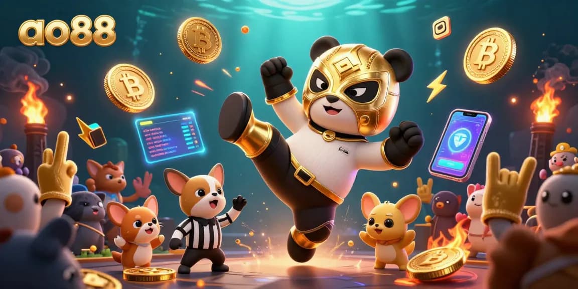 ao88 features vibrant scene with panda wrestler and crypto elements amidst excitement of gambling