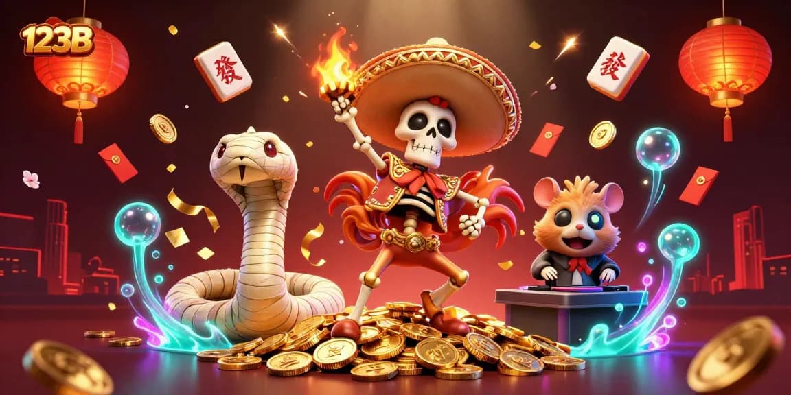 Engaging 3D scene featuring 123B characters celebrating amidst golden coins and festive gambling symbols.