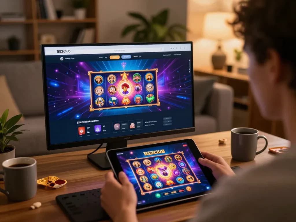 B52club player enjoying vibrant slot games on a tablet in a cozy home setting.