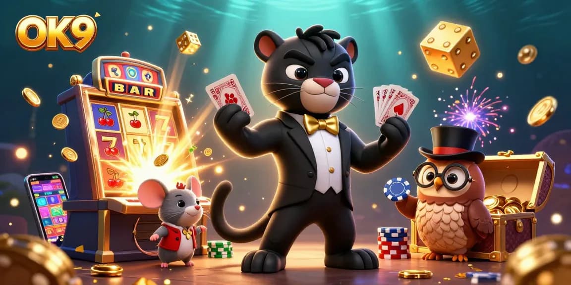 Experience the excitement of OK9 with stylish characters and vibrant casino elements in a dynamic 3D scene.