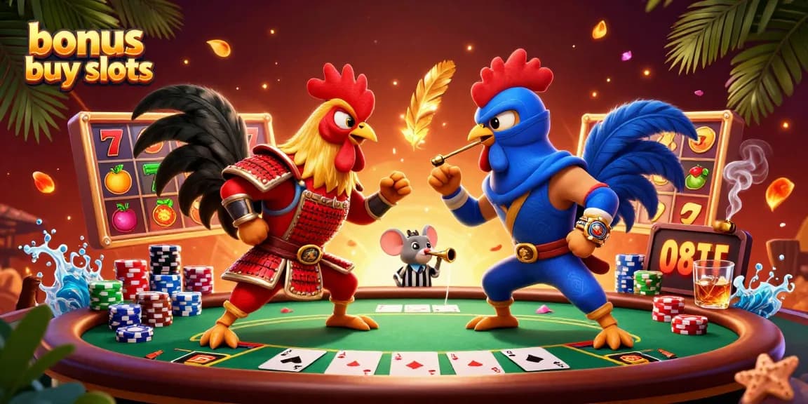 Experience the thrill of bonus buy slots with dynamic roosters in a vibrant casino scene.