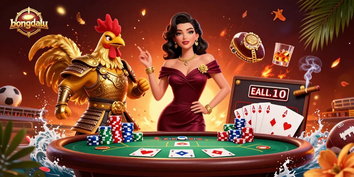 Bongdalu showcases exciting sports betting with a glamorous woman and a golden rooster warrior amidst dynamic gambling elements.