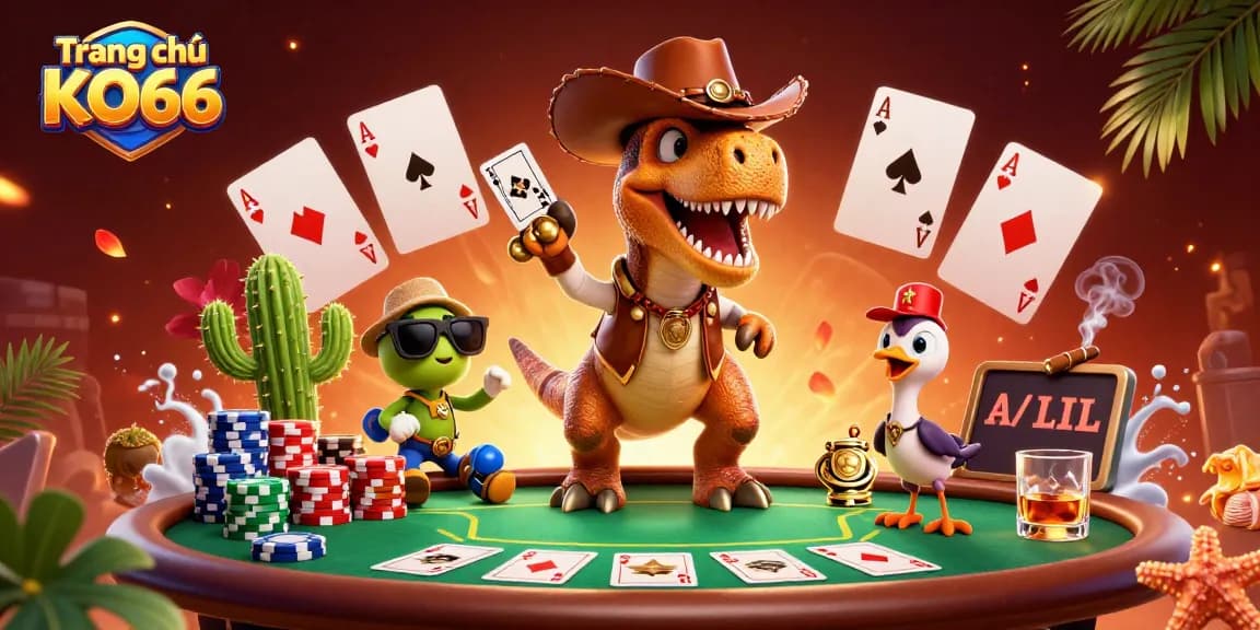 Experience the excitement of Trang chủ KO66 with dynamic casino elements and characters in a vibrant 3D illustration.