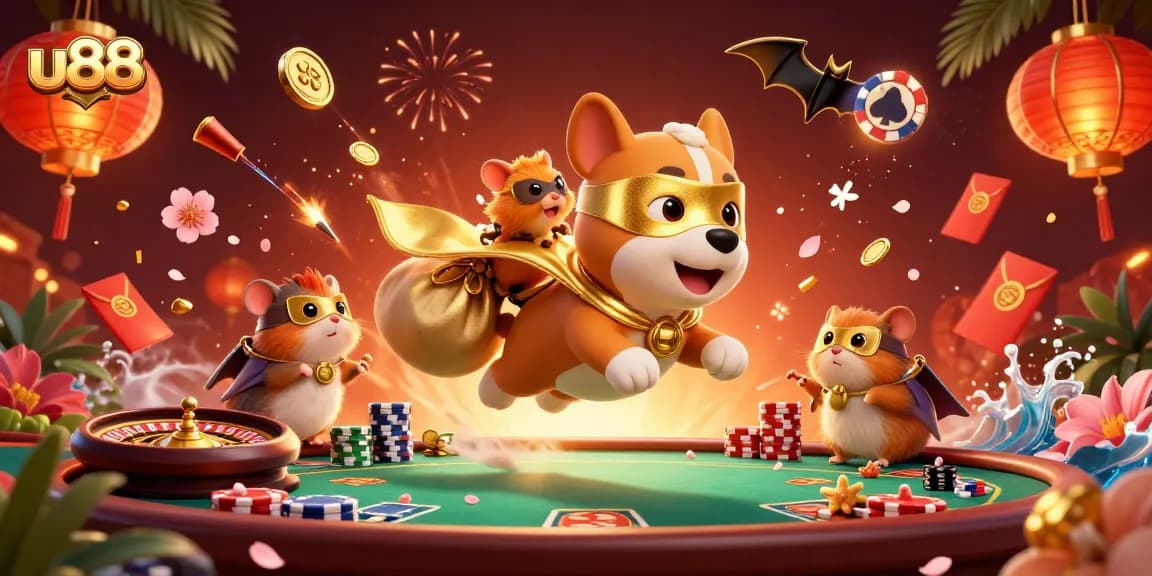 u88 showcases an energetic casino scene with a heroic dog and hamster, surrounded by poker elements.