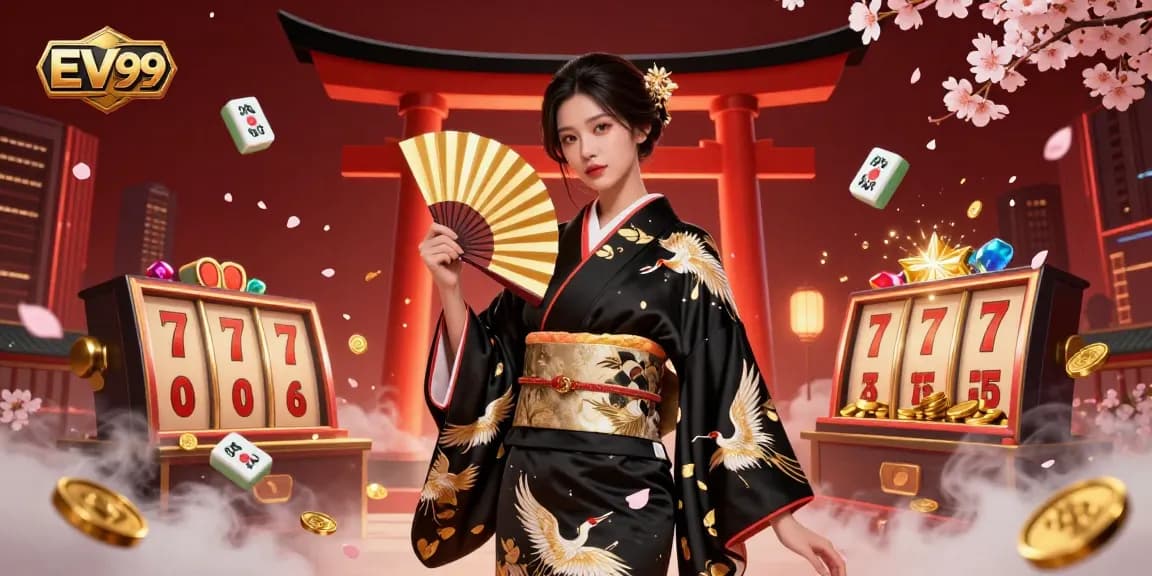Experience thrilling slot games with EV99's vibrant casino illustration featuring dynamic elements and a stunning backdrop.