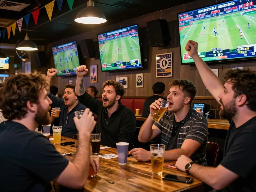 In a vibrant sports bar, fans passionately placing bets at nhà cái jun88 while watching live games on multiple screens.