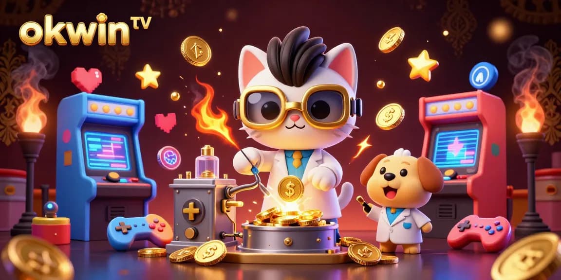 Win big with okwin tv in this vibrant 3D illustration featuring a mad scientist cat and gaming elements.