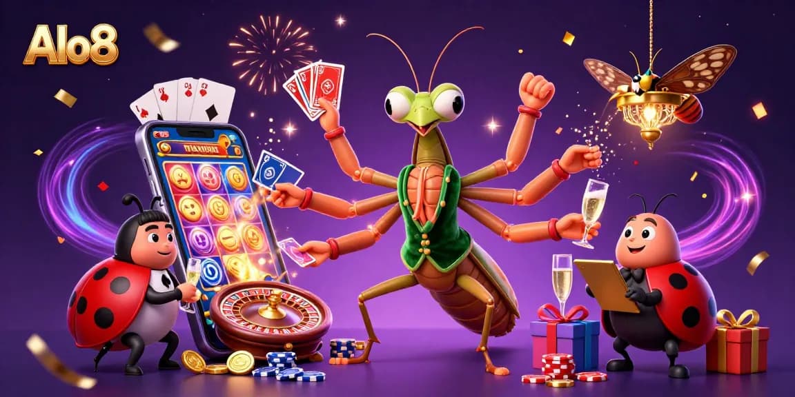 Alo8 attracts excitement with a giant mantis card sharp, ladybug pit boss, and festive casino elements.